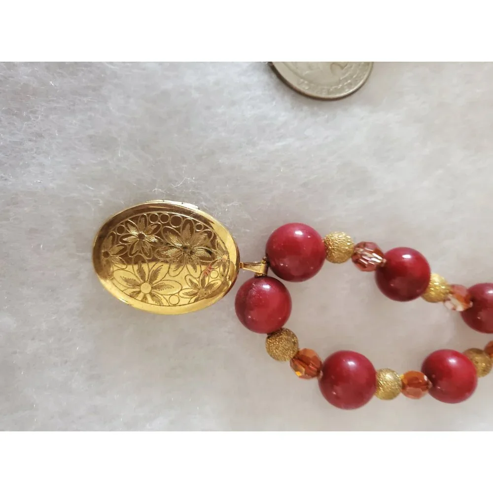 Red Coral Beaded Necklace with Gold Locket and Crystals, 20 inch